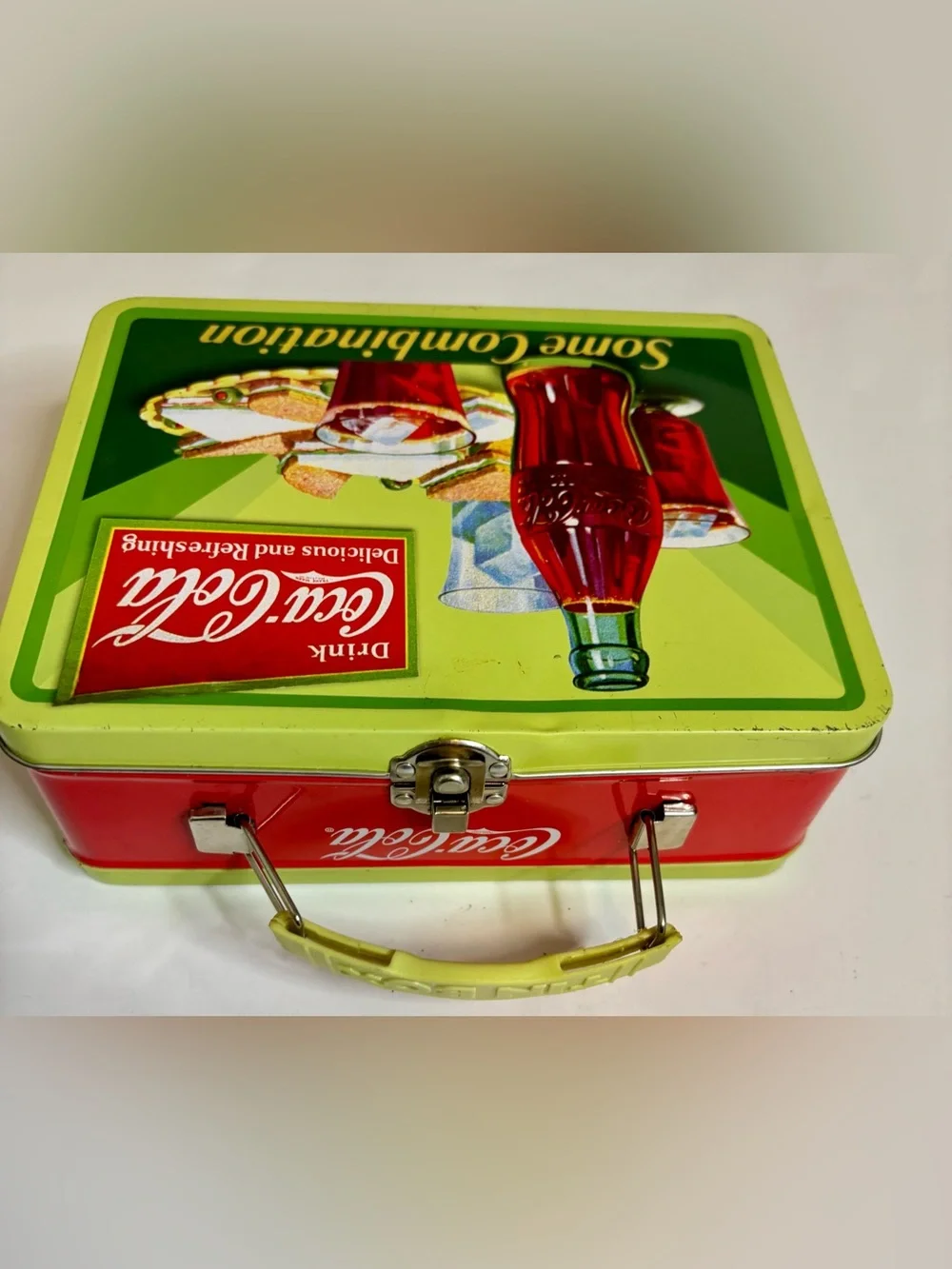 Coca-Cola Green Tin Lunchbox with Bottle and Sandwich Illustration vintage look